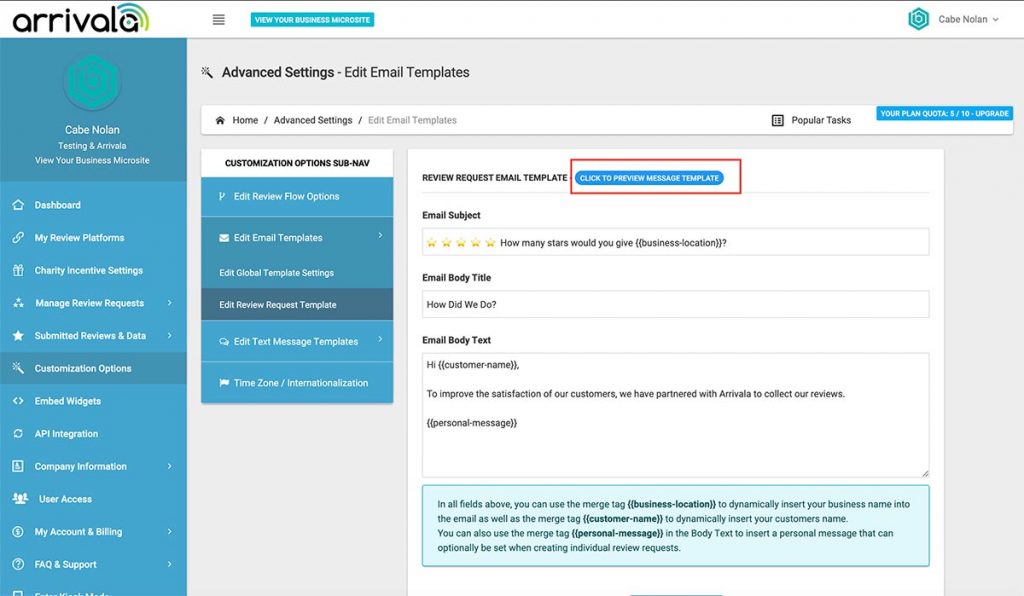 How do I edit my review request email template? - Arrivala Help Center